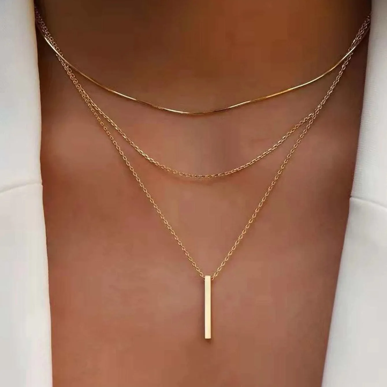 Layered Chain Necklace with Small Bar Charm for Women Minimalist Stackable Choker Daily Office Elegant Lightweight Silver Plated