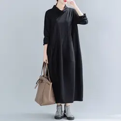 Fat Mm Spring and Autumn Art Large Size Half High Collar Long Sleeve Dress Loose Casual Splicing Solid Color Long Lantern Dress