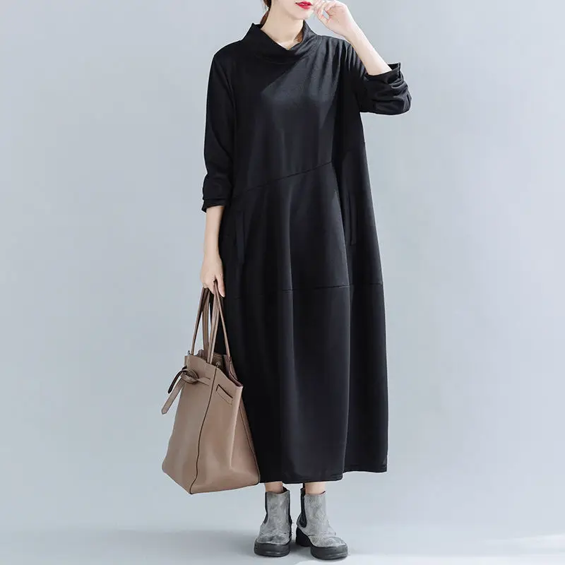 Fat Mm Spring and Autumn Art Large Size Half High Collar Long Sleeve Dress Loose Casual Splicing Solid Color Long Lantern Dress