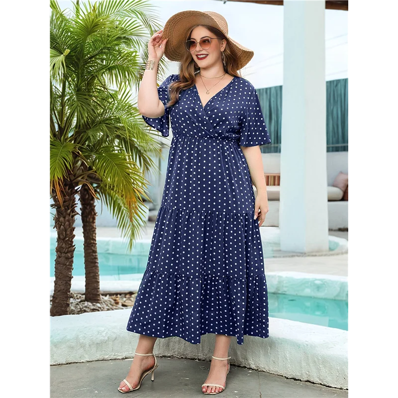 ABP-Damen Casual Plus Size Polka Dots Kleid Sommer Kurzarm V-Ausschnitt Lose abgestufte Maxikleider