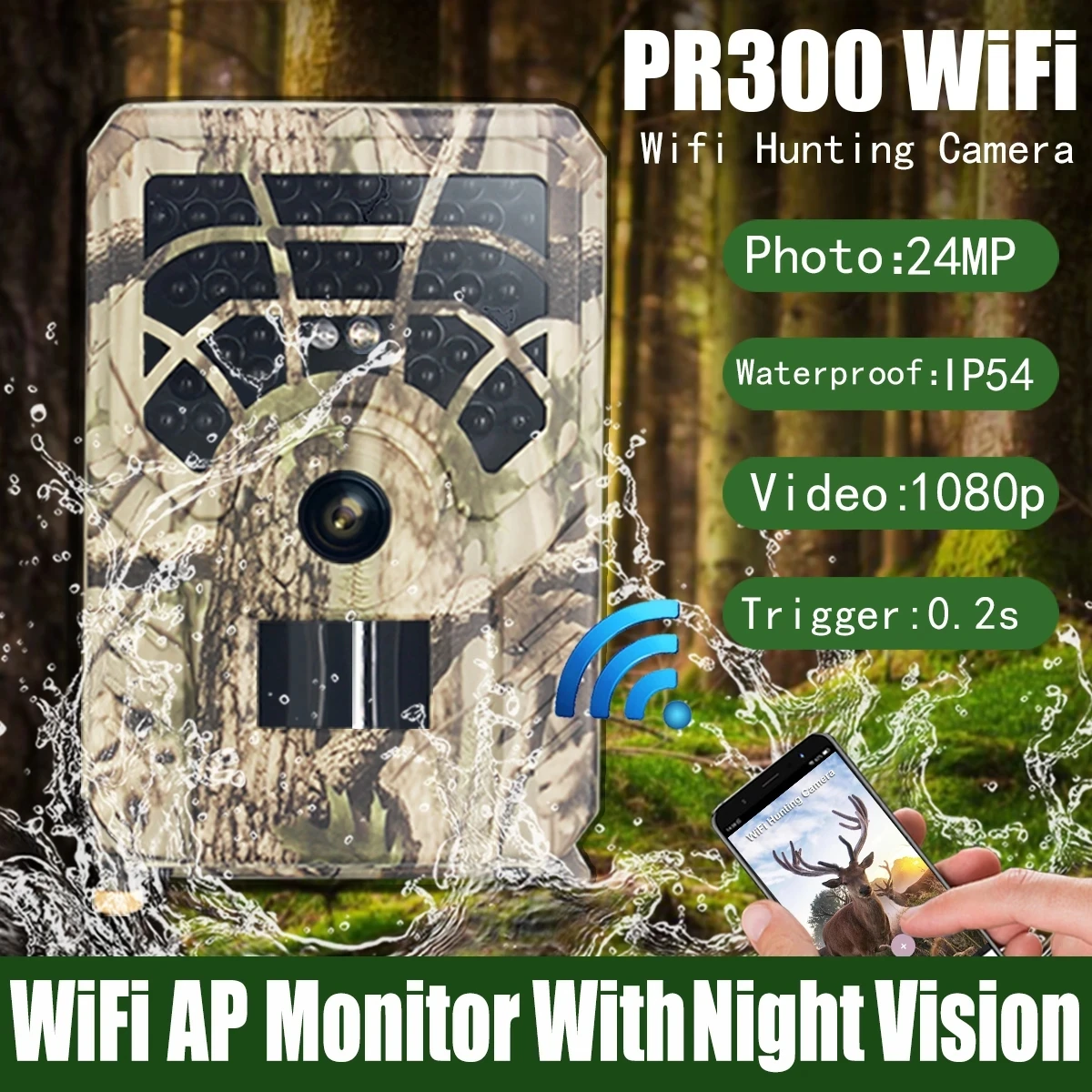 Cámara de rastreo de caza Wifi, 24MP, 1080P, impermeable, PIR, visión nocturna infrarroja, cámara de vida silvestre, Monitor de seguimiento de vigilancia, Mini cámara