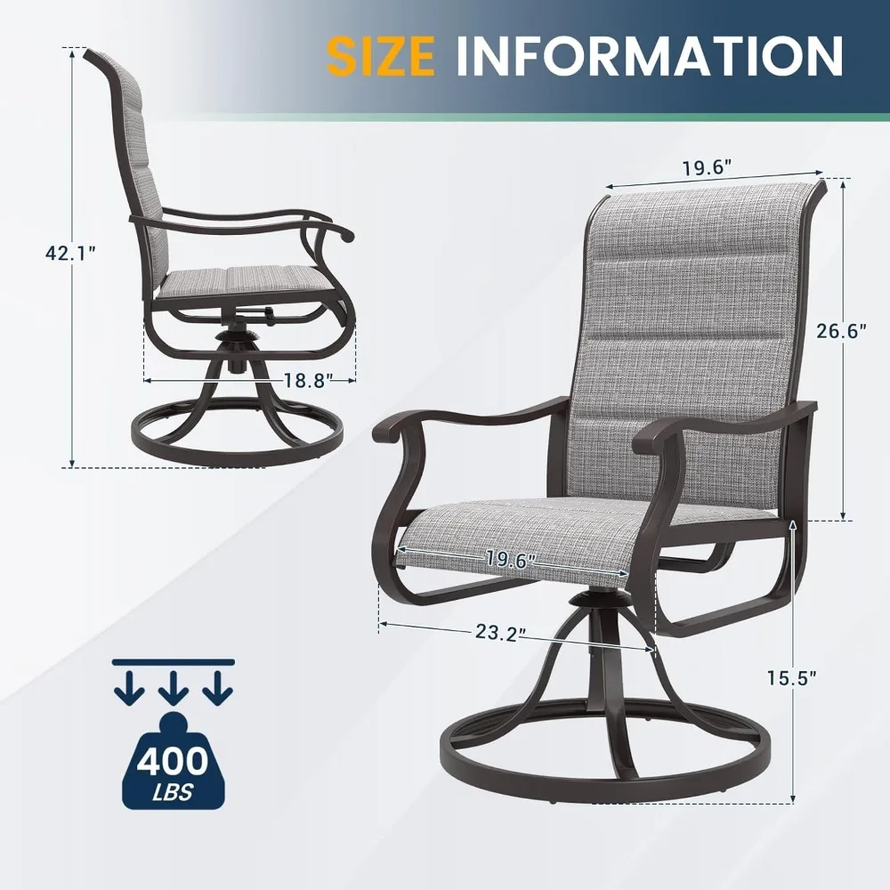 Padded patio swivel chair set 2, outdoor dining chair, super soft textile high back seat and metal rocking chair frame