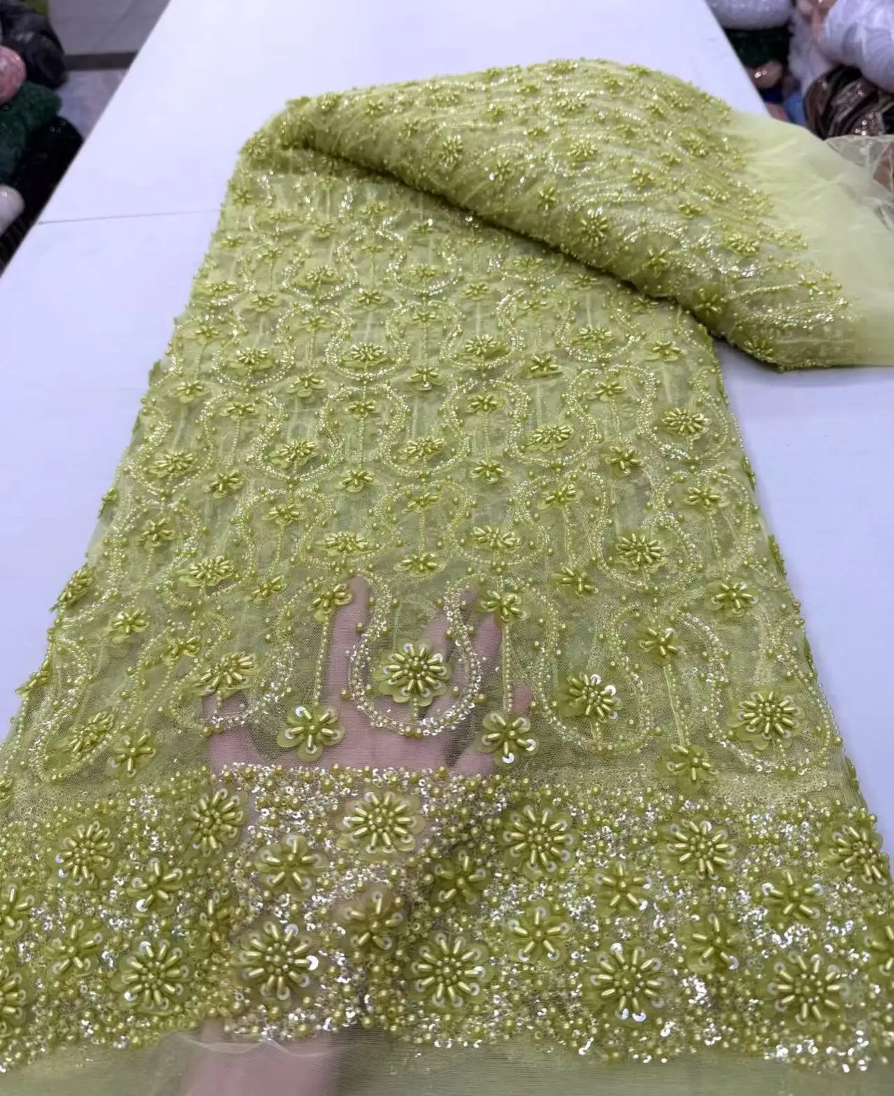 

2025 African Nigerian Sequins Embroidery Tulle Lace Fabric High Quality Beads Stone Prom Dresses Sewing Guipure 5 Yards JY434