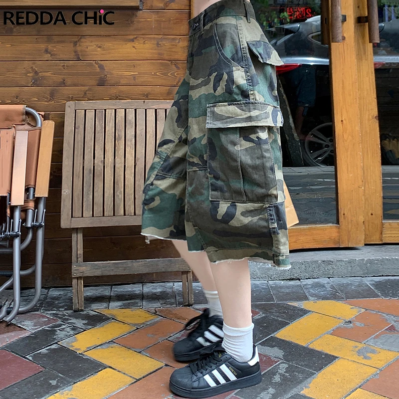 

ReddaChic Irregular Patchwork Frayed Camo Baggy Jorts Women High Waist Cargo Pockets Denim Short Pants Y2k Harajuku Streetwear