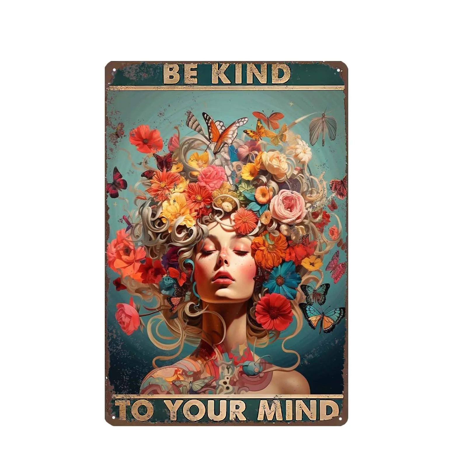 vintage posters mental health wall art -Be Kind to Your Mind-Floral Woman Gift Posters For room Aesthetic Floral Woman TIN Sign 