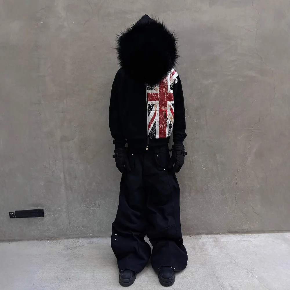 

Cross border ins fur collar fashionable printed zipper retro hoodie pullover street trend y2k hooded jacket