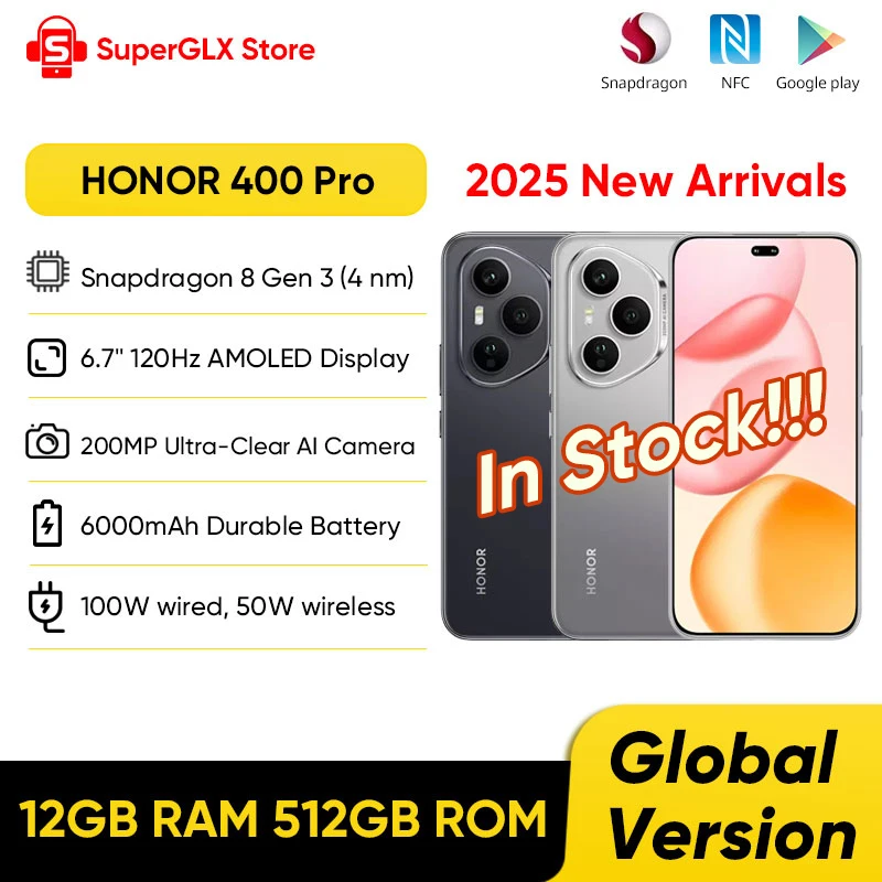 Original Global Version HONOR 400 Pro 5G Smartphone 200MP Camera Snapdragon 8 Gen 3 6.7'' AMOLED Screen 100W Wired 50W Wireless