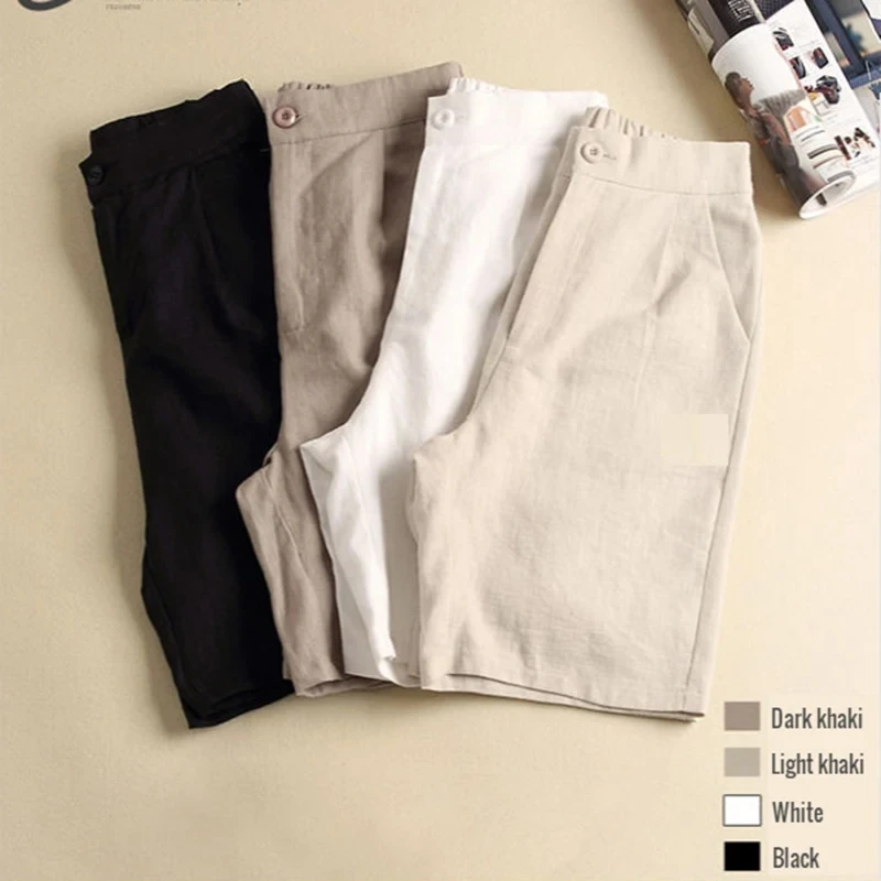 Khaki Solid Casual Linen Cotton Elastic High Waist Wide Leg Button Loose Women\'s Shorts Korean Fashion Summer Shorts Women 2024