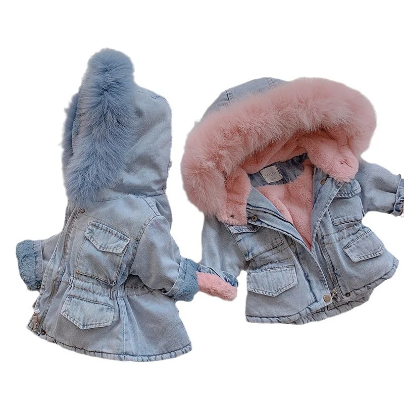 Baby Girls Coats Clothes 2024 Winter Denim Jackets With Fur Hooded Coats For Girls Cotton Thicken Children Clothing Girl Jackets