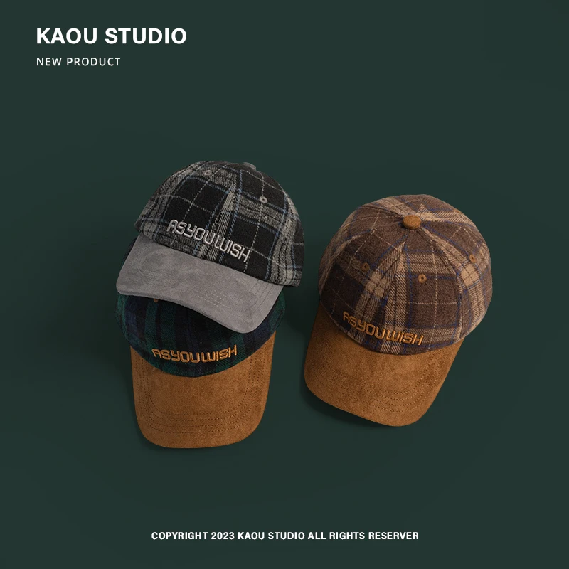 British Retro Plaid Duckbill Hats for Women Autumn and Winter Warm Korean Fashion Embroidery Color Matching Baseball Caps Men