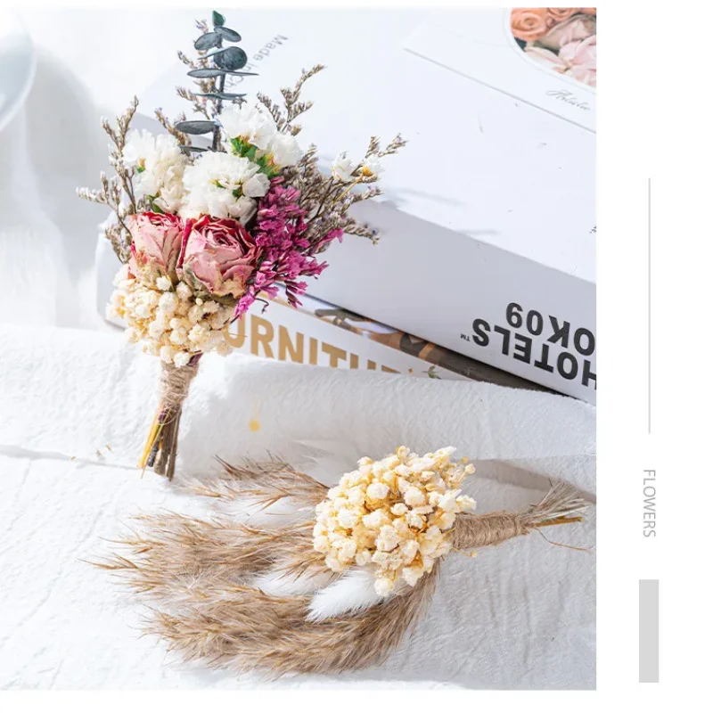 Dried Flower Bundles Mini Rose Pampas Grass Bouquets Natural Plant For DIY Craft Card Decoration Photo Props Home Wedding Decor