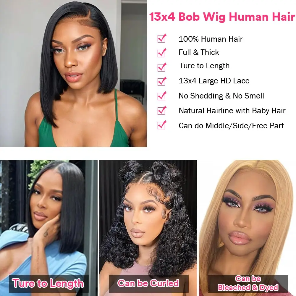 Short Bob Bone Straight 13X4 Lace Front HD Lace Frontal Wig 200 Density Human Hair 8 10 12 14 16 inch For Black Women on Sale