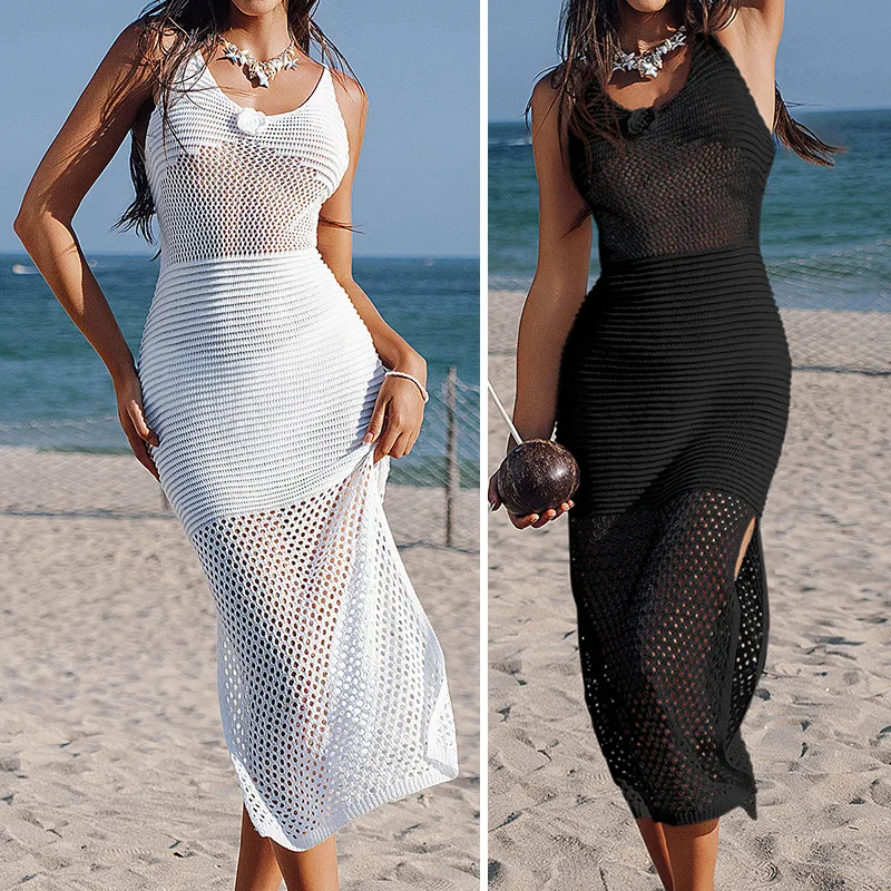 Vestido de crochê à mão assimétrico lado dividido vestido ajustável alça espaguete vestido beachwear resortwear roupa de banho cover-up