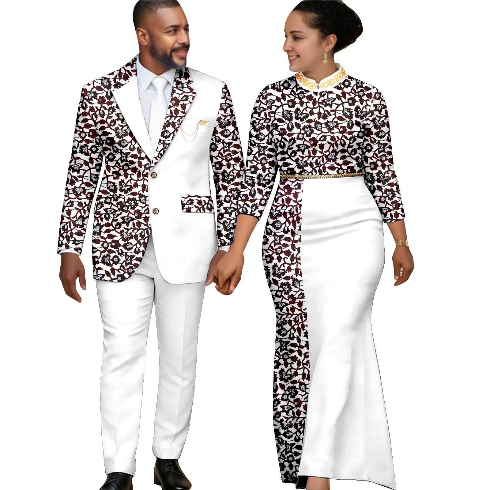 Elegant African Print Long Dress for Women Dashiki Men Suits Matching Couple Clothes Ankara Jacket Top And Pant Sets