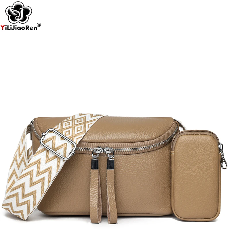 Real Leather Shoulder Bag Women Fashion Wide Strap Crossbody Bag Designer High Quality Cowhide Messenger Bags Solid Color Clutch