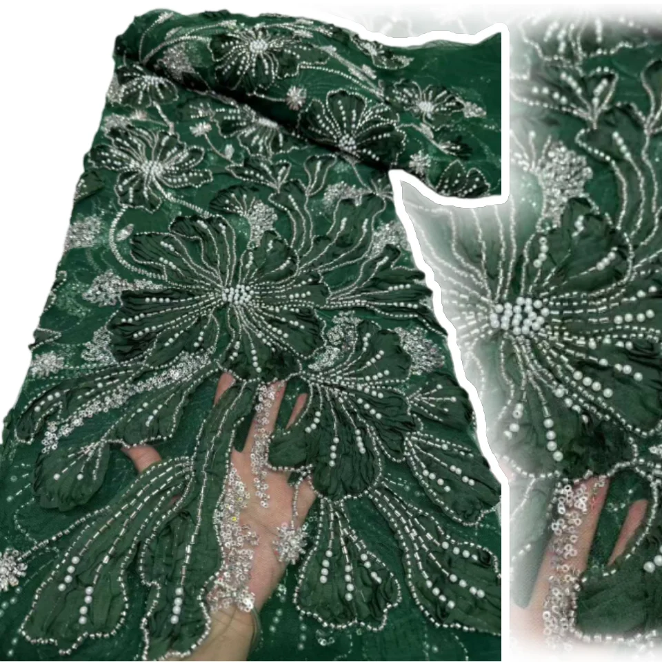 Tecido de renda africano com contas de flores 3d 2025, alta qualidade, francês, nigeriano, lantejoulas, bordado, tule, para festa, costura, sz1725