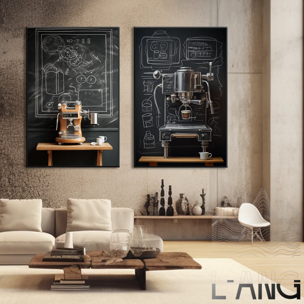 

Chalk texture coffee machine line black and white poster Restaurant bar Living room home wall decoration painting