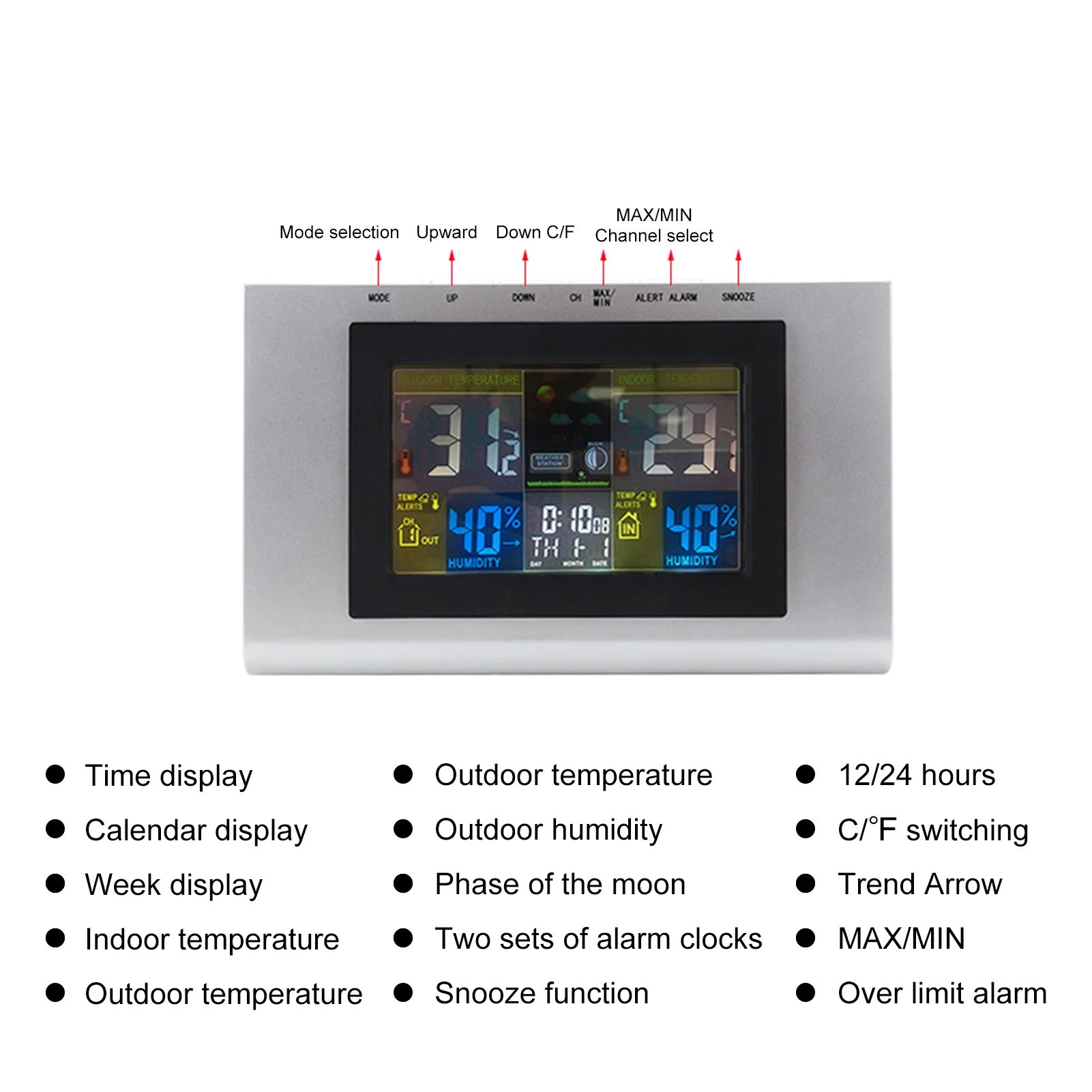 Цифровая метеостанция, монитор температуры и влажности, внутренний и открытый двойной экран, многофункциональный термометр, гигрометр, часы