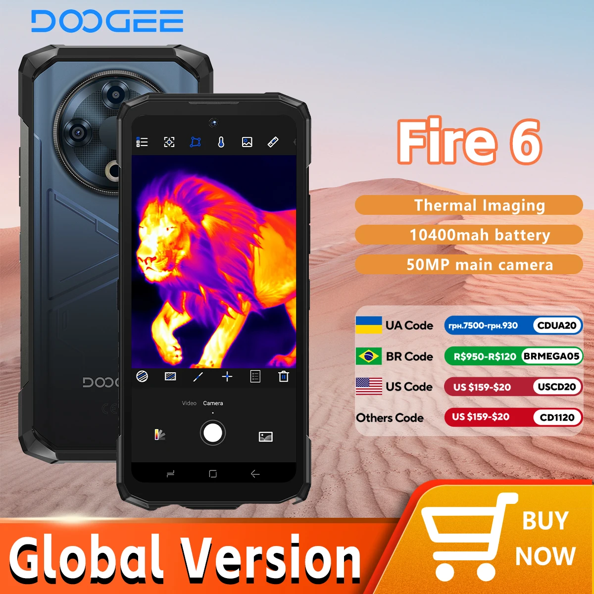 DOOGEE Fire 6 Rugged Phone 6.56" 90Hz Display 6GB RAM 256GB ROM 50MP AI Main Camera 10400mAh/18W Android 14