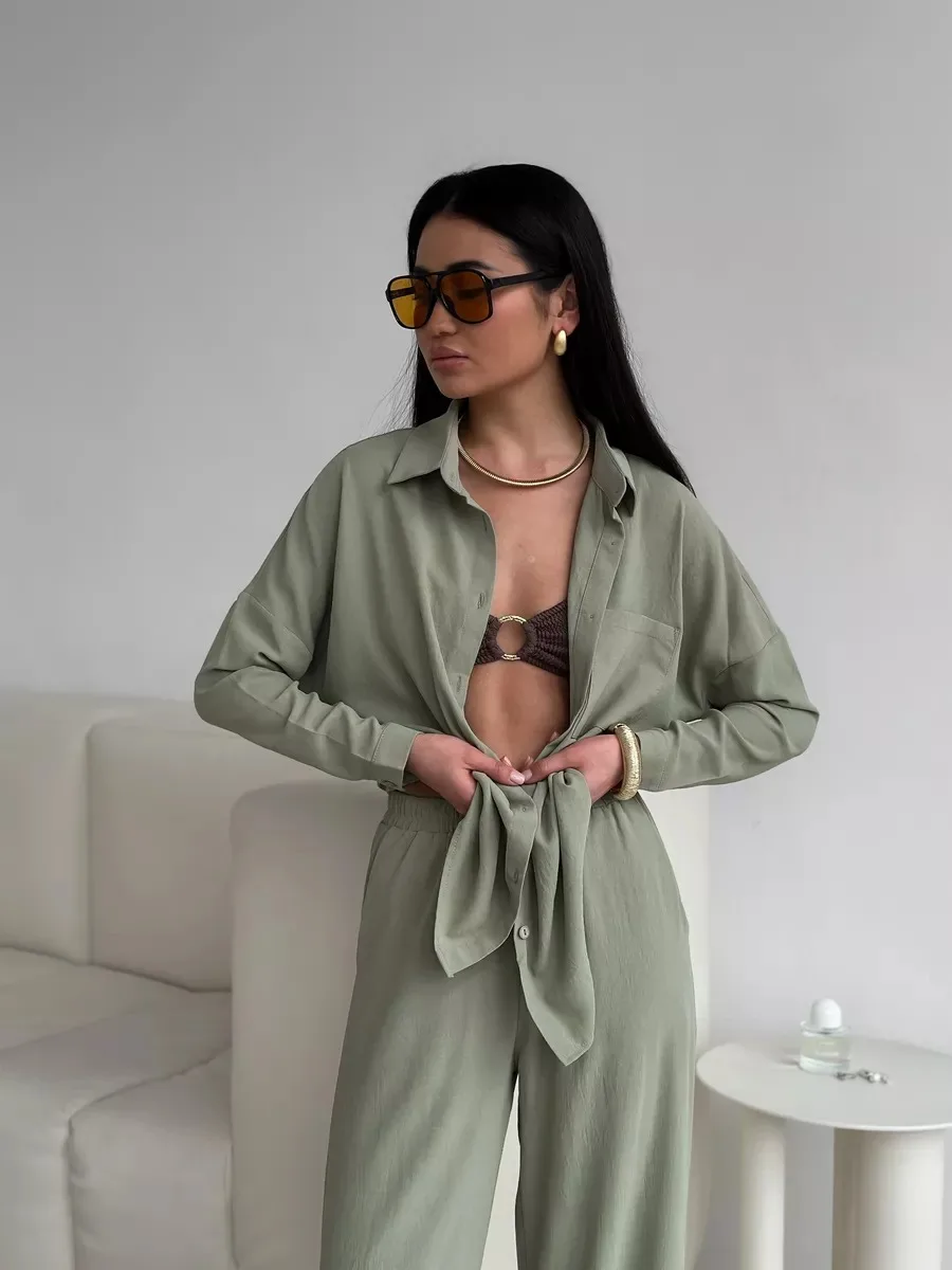 

2025 Spring SummerTwo Piece Pant Sets Casual Office Lady Full Sleeve Loose Cardigan Pocket Straight Long Pants Suits