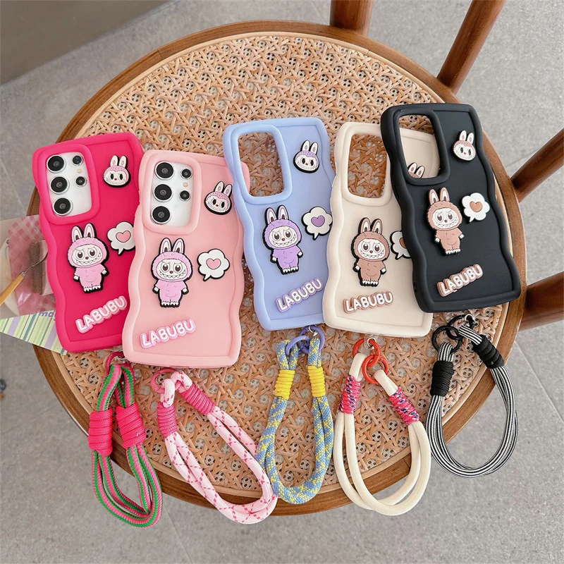 For Samsung Galaxy A12 A12S A22 A32 A52 A52S A13 A23 A33 A53 3D Cartoon Labubu Wave Phone Case Bracelet Wrist strap Soft Cover