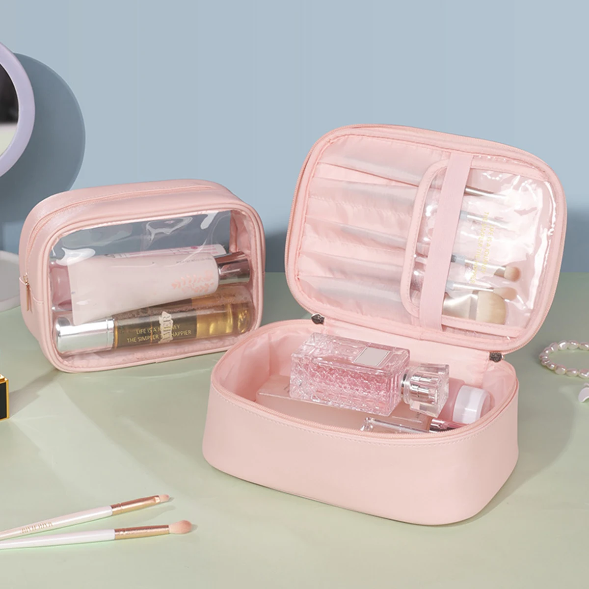 2-in-1 transparent makeup bag for travel, waterproof wash bag, large capacity, detachable makeup eyebrow pencil storage, lipstic