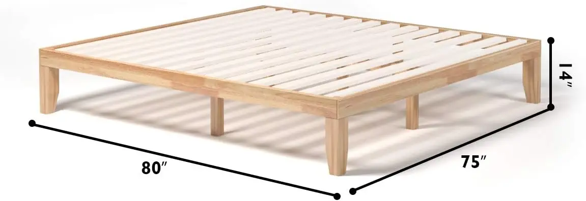 14 Inches Wood Platform Bed Frame King Size, Solid Wood Mattress Foundation with Rubber Wood Frame, Strong Poplar Slat