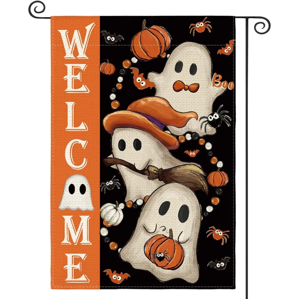 2D Flat Print Halloween Garden Flag Single Sided Haunted House Pumpkin Black Cat Cloth Polyester Spooky Witch Ghost Yard Flag