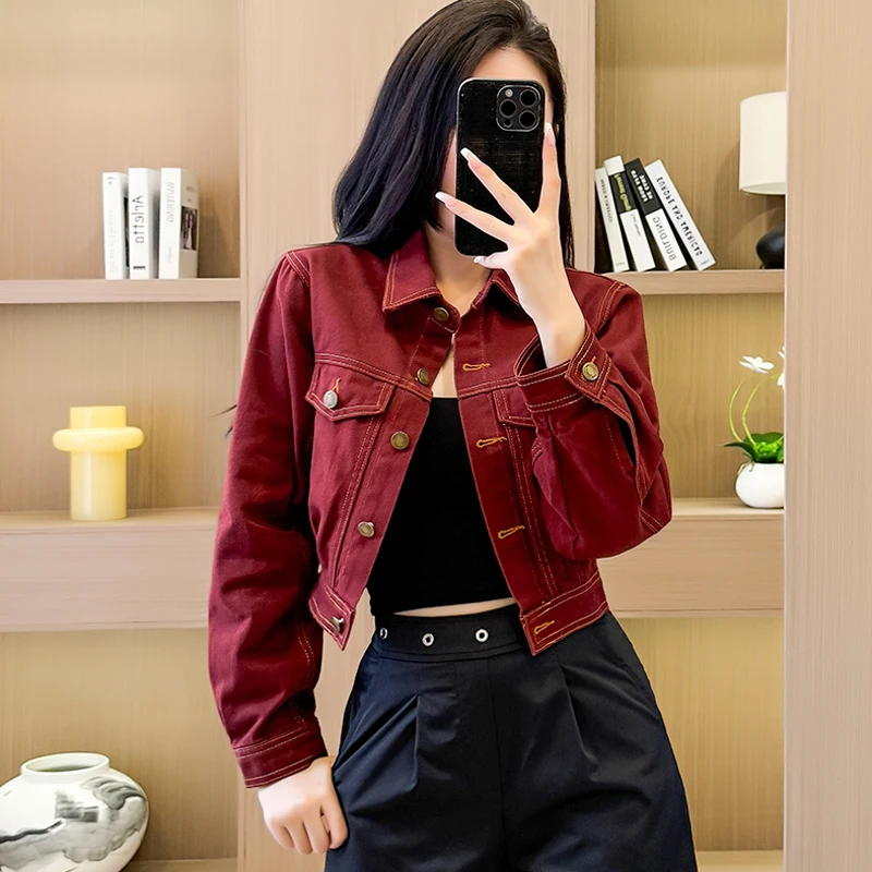 

Women's Elegant Wine Red Denim Short Jacket New Spring Autumn Lady Single-breasted Lapel Casual Jean Outerwear