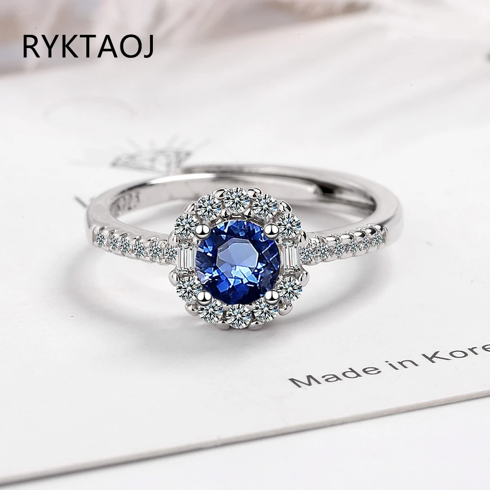925 Sterling Silver Round Blue Cubic Zirconia Halo Ring for Women, Paved White CZ Side Stones Wedding Band Fine Jewelry Gift