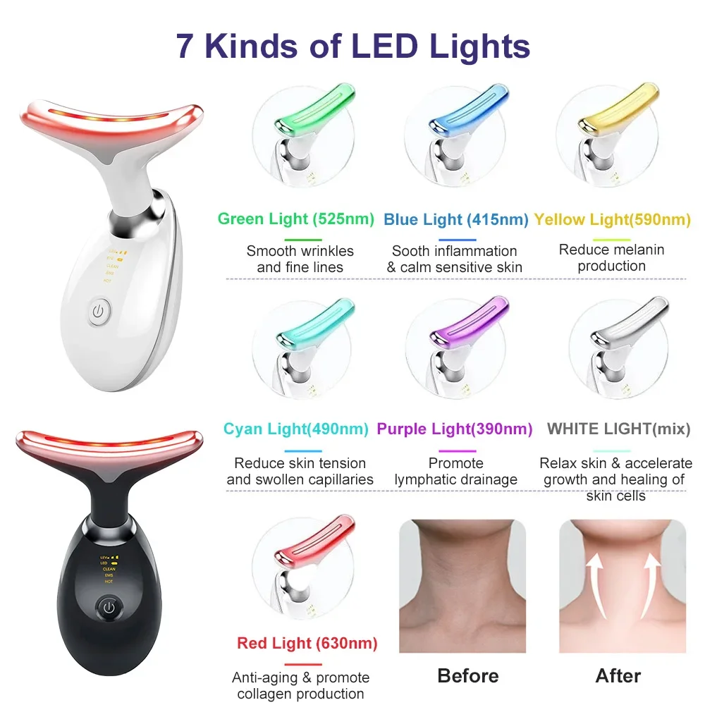 Removedor de rugas no pescoço ems máquina redutora de rugas massageador facial luz led elétrica terapia facial pele quente aperto vibrador