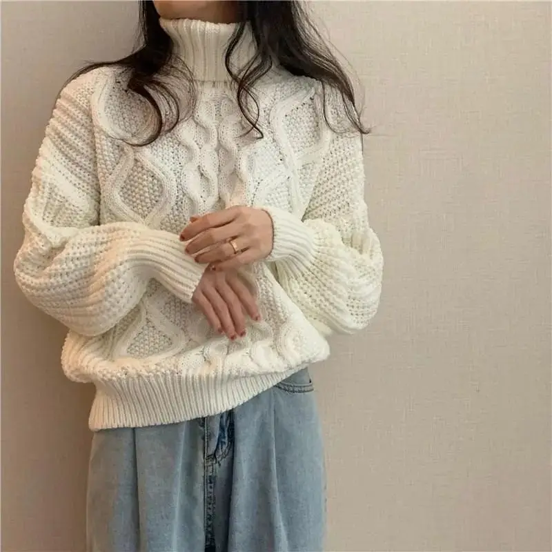 Korean Lazy Retro Turtleneck Twist Pullover Sweater Women Autumn Winter New Short Long-sleeved Thick-line Knitted