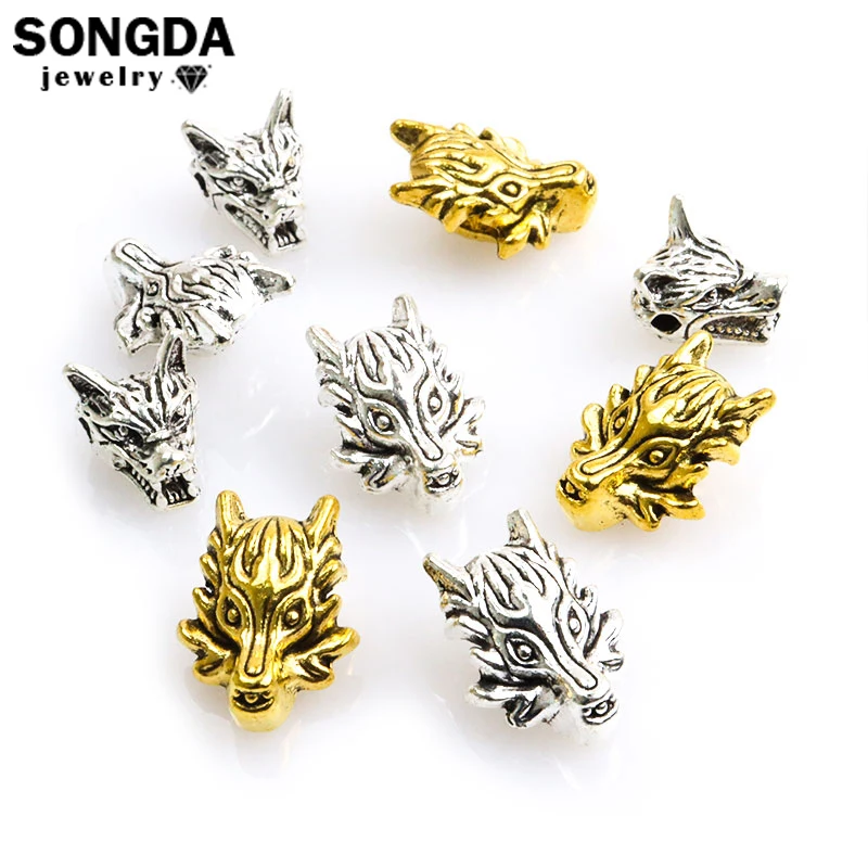 10Pcs Stylish Metal Alloy Wolf Head Loose Beads Faucet Head Large Hole Beads For Women Jewelry Making DIY Bracelet Animal Beads