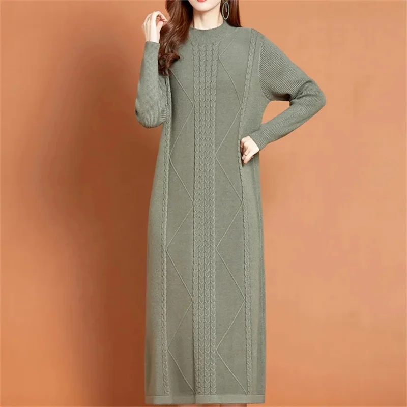 NEW Autumn Winter Large Size Covering Belly Dress Middle Aged Elderly Mother Retro Long Knitted Sweater Dresses Vestidos Mujer