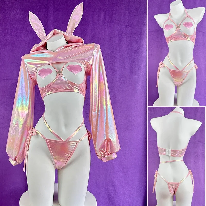 Adult Underwear Costume Pink Bunny Lingerie Set Women Hoodie Heart Cut Out Bra Thong 3Pcs Cosplay Outfit Sexy Club Party Costume view 2