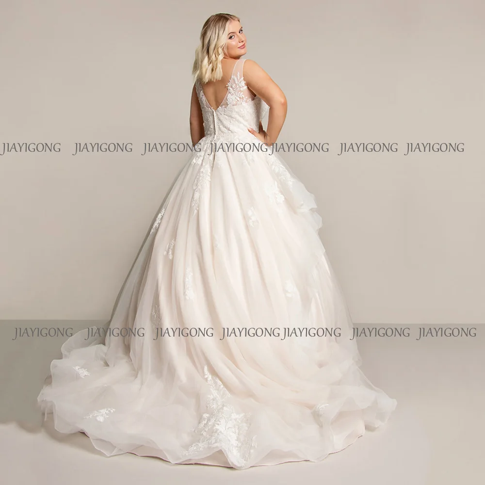 Jiayigong Ruffles Wedding Dress Plus Size Robe De Mariage Sleeveless V Neck Lace Tulle Sweep Train Back Zipper Up Bridal Gown