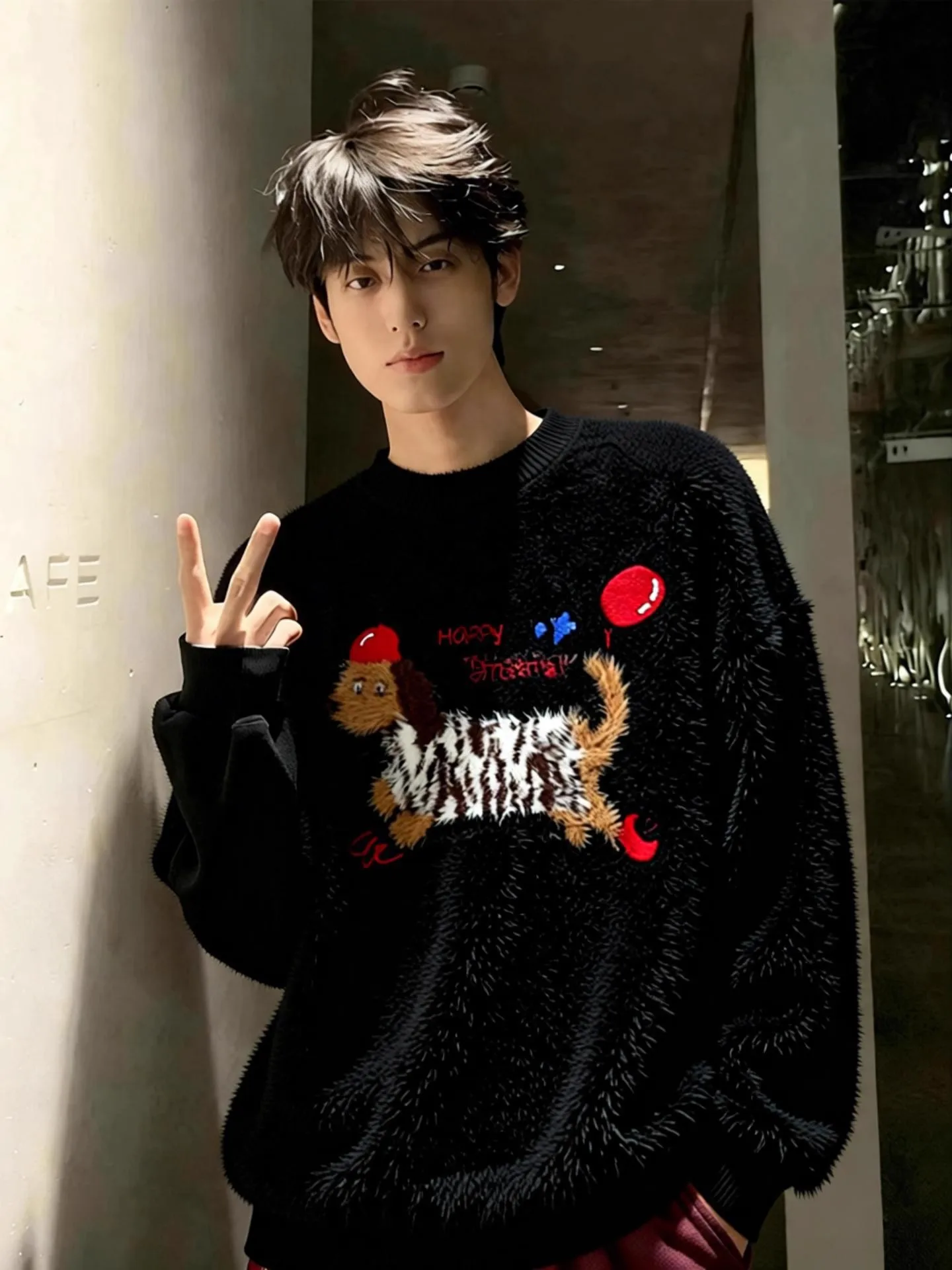

Men's round Ne Knitted Sweater Winter Warm Polyester Fiber Fluffy hair Doodle Inner Wear Casual Sle Youth Faion