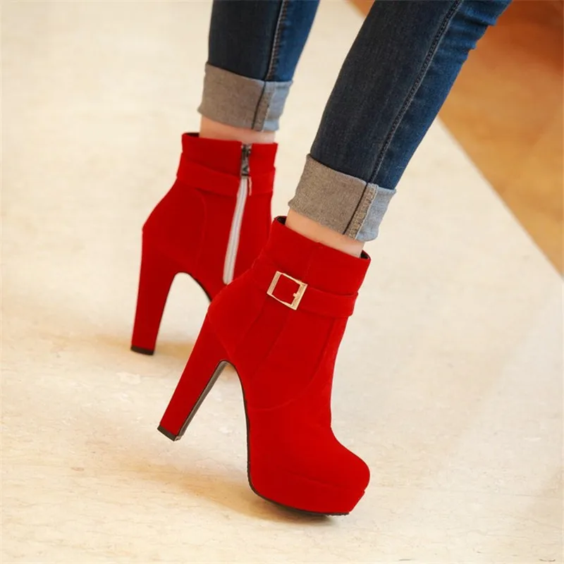 Women Ankle Boots Women Plush Keep Warm Platform Snow Boots Super High Heel Side Zipper Boots Fashion Suede Winter Shoes