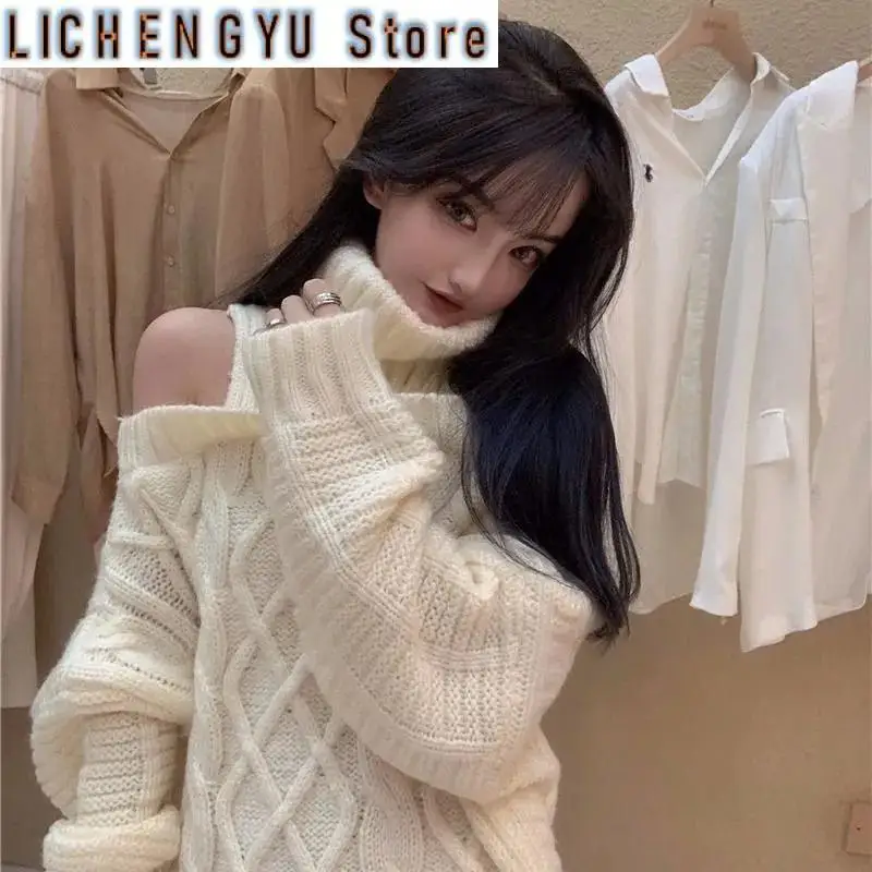 

New Turtleneck Off Shoulder Sweater Women Korean Fashion Loose Knitted Pullovers Sweet Preppy Long Sleeve Jumpers Fall Winter