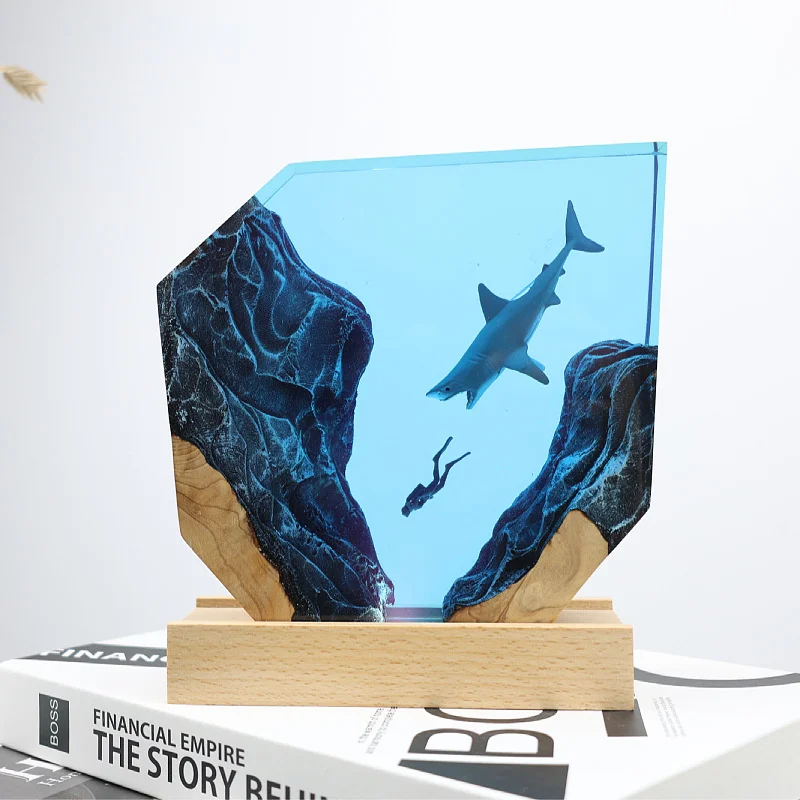 New Fashionable Minimalist Style Solid Wood Epoxy Resin Handicraft Shark Diver Desktop Ornament Luminous Base Home Decoration