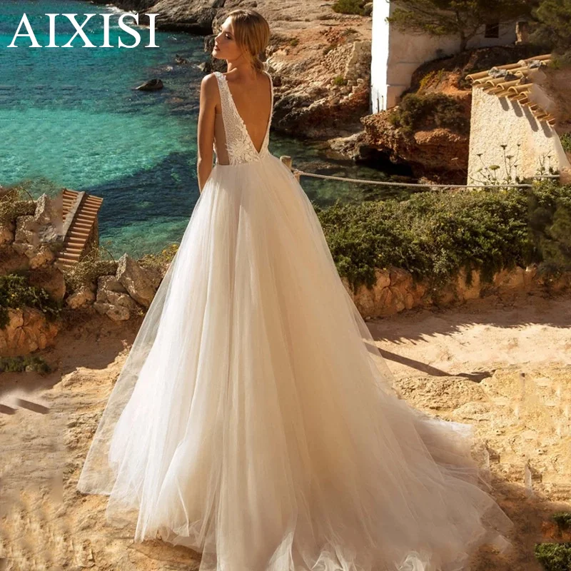 Robe de Mariée en Dentelle de Style Boho, Décolmétrage en V, en Tulle, Ligne A, avec Bretelles Initiées, pour Patients de Plage, Nouvelle Collection