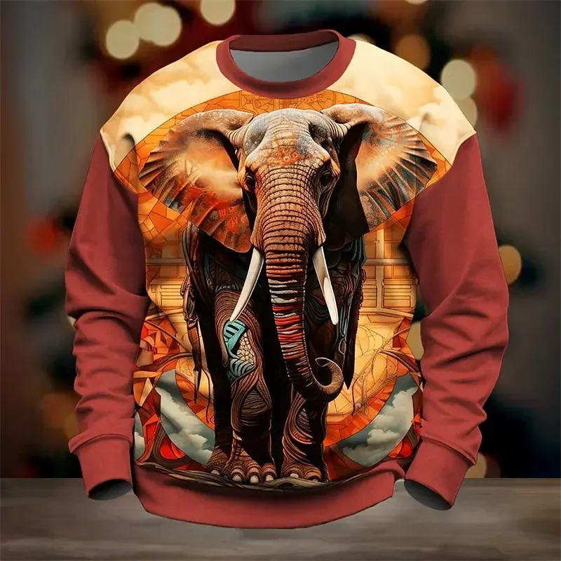 

New Men's Hoodie Street Fashion Elephant Graffiti Print Sweater Oversized Casual Fun Round Neck Pullover Street Men's Wear