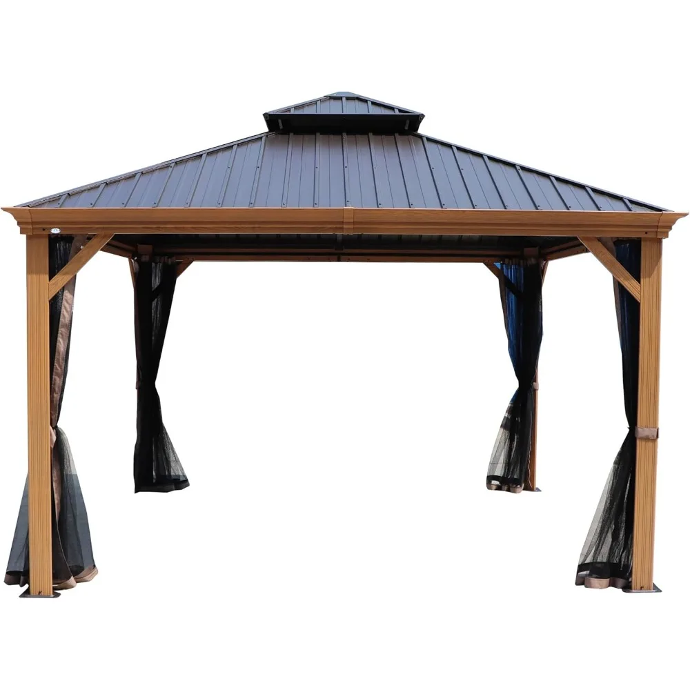 12’x12’ Hardtop Gazebo, Wooden Coated Aluminum Frame Canopy with Galvanized Steel Double Roof, Outdoor Permanent Metal Pavilion