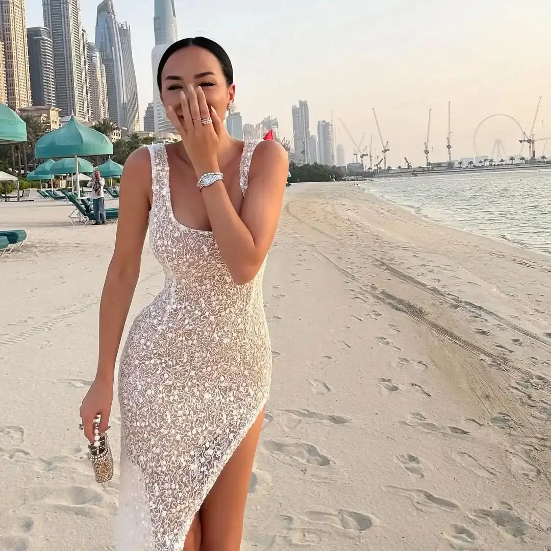 Ofherown-Vestidos de Noche sexis con abertura transparente para mujer, vestido de Noche ajustado con cuello cuadrado y espalda descubierta sin mangas, Vestidos de Noche personalizados