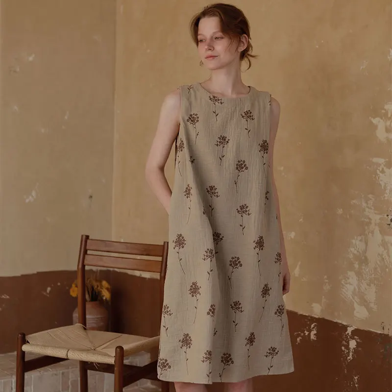 

2025 Women's Cotton-colored Woven Jacquard Double-layer Gauze National Style Nightgown Long Sleeveless Home Nightdress