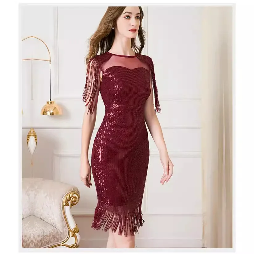 

High waisted slim fitting sequin tassel formal dress with round neck, mesh bra, evening party style dress