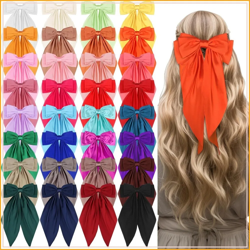32Pcs Satin Hair Bows Bulk, Large Hair Ribbons for Women, Oversized Bow Hair Clips with Long Tails, Silky Satin Big Hair Barrettes
