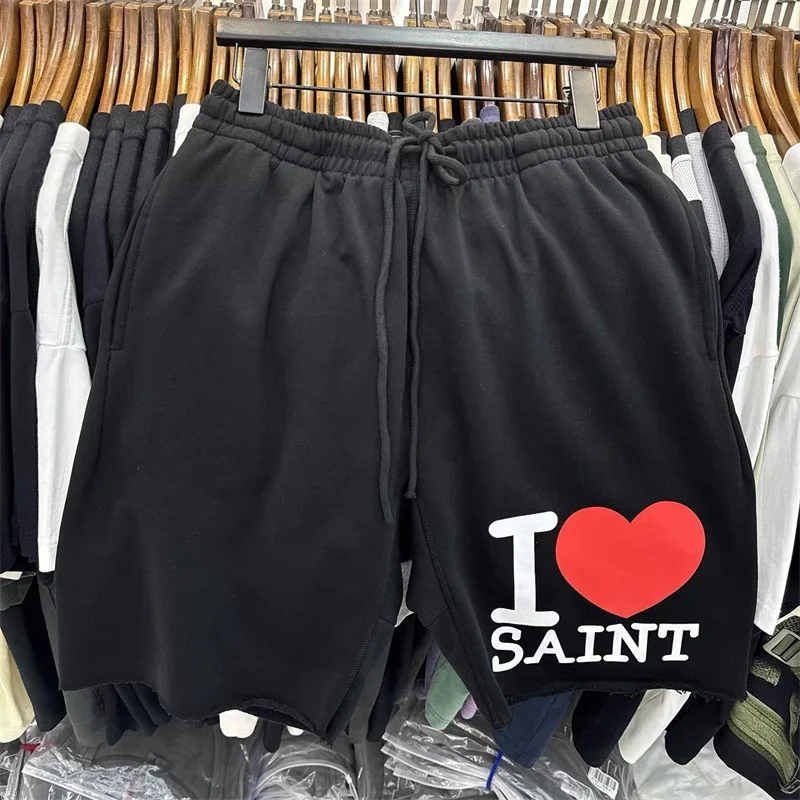 SAINT Mxxxxxx American Vintage Red Heart Print Shorts Men Women Black Oversized Casual Shorts