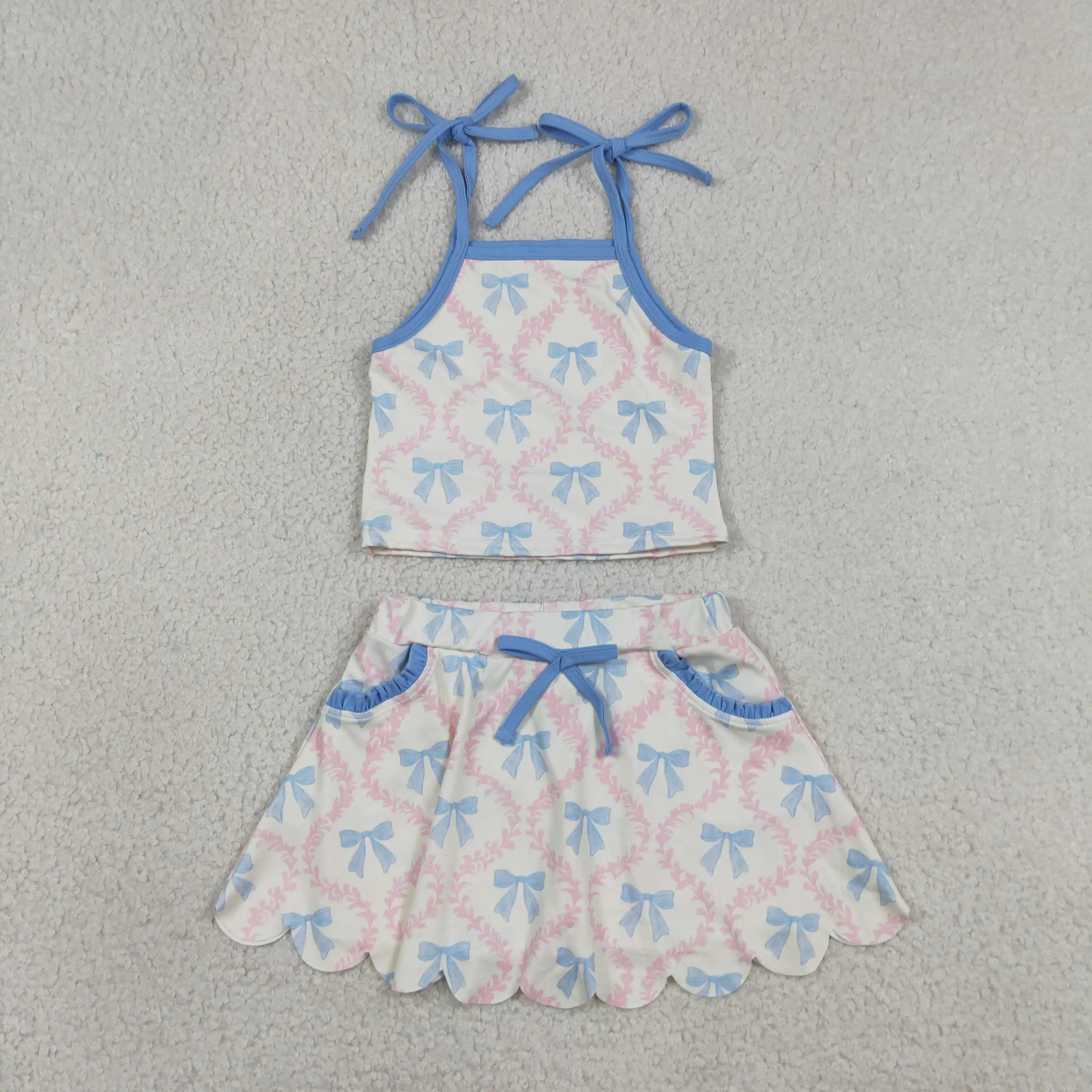 Wholesale Baby Girl Yoga Active Clothing Toddler Bows Shirt Pockets Skirt Shorts Kids Girls Skort Set Athletic Summer Clothes