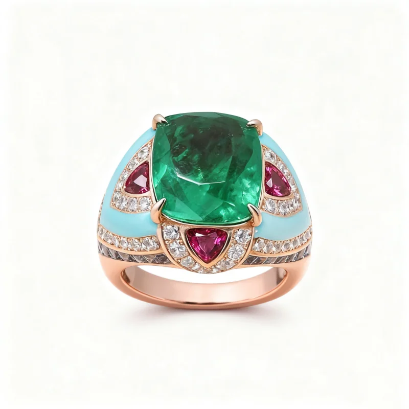 Cameo Fashion Artdeco Jewelry Ring 925 Silver Champagne Gold Plated Synthetic Zircon Emerald Ruby Colored Gemstone Vintage Rings